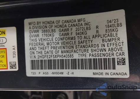 2023 Honda Civic Sport из США, поврежденный, VIN 2HGFE2F5XPH540585